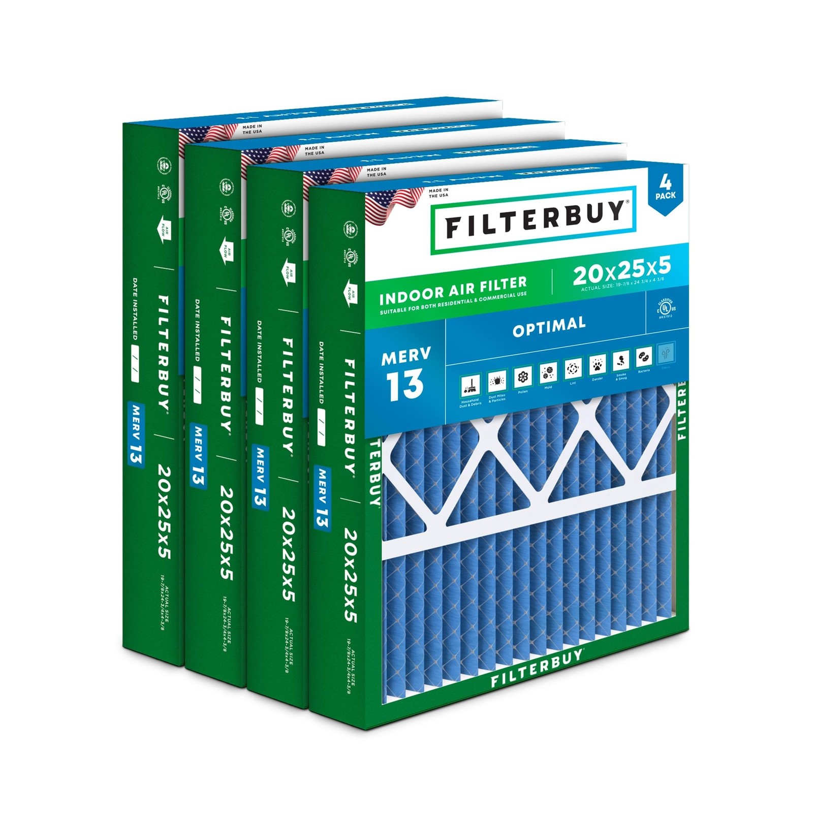 Filterbuy 20x25x5 Air Filter MERV 13 Smoke & Allergy Defense (4-Pack) Filterbuy 20x25x5 Air Filter MERV 13 Smoke & Allergy Defense (4-Pack)