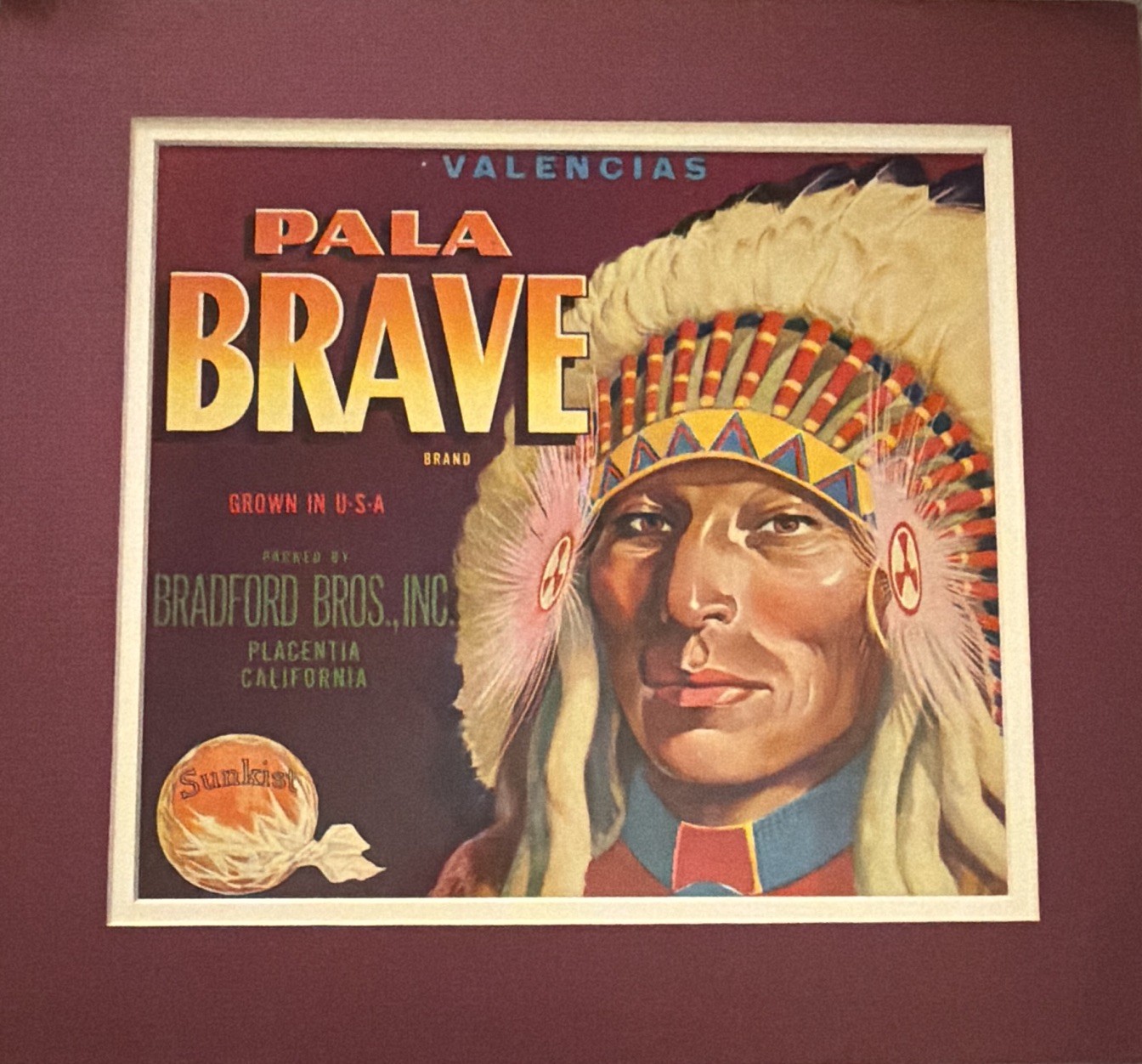 Vintage 1940s Pala Brave Brand Orange Crate Label, Matted Sunkist Advertising Ar Vintage 1940s Pala Brave Brand Orange Crate Label, Matted Sunkist Advertising Ar
