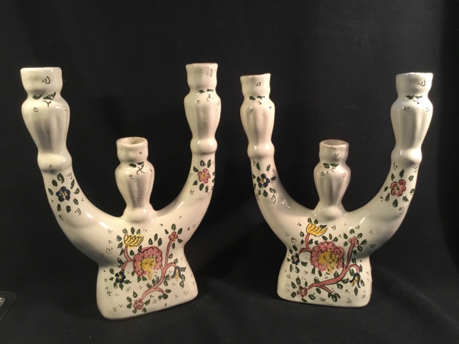 Antique French Handpainted Candleholders Initialed by Artist from Rouen Studio Antique French Handpainted Candleholders Initialed by Artist from Rouen Studio