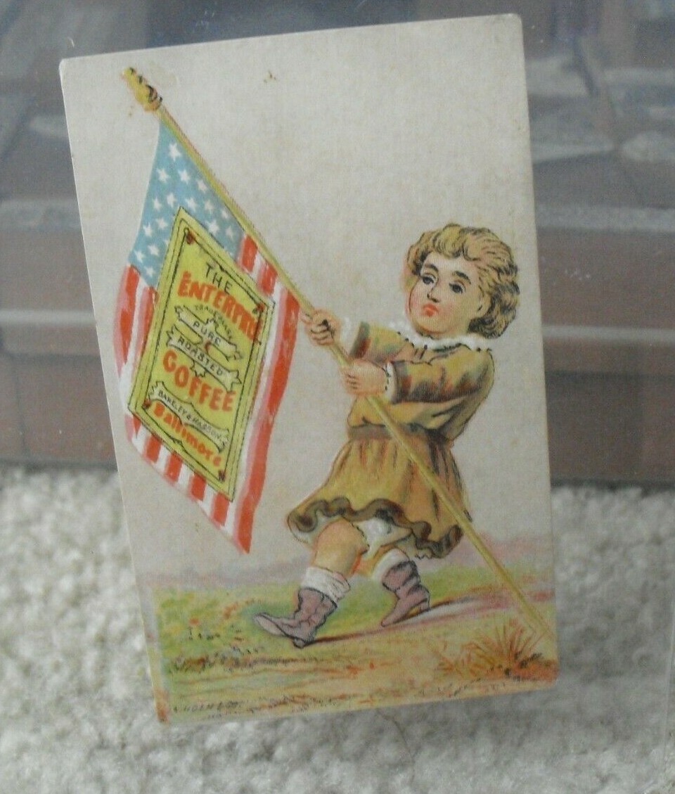 Vintage 1880s VTC Enterprise Roasted Coffee Boy Holding US Flag Trade Card