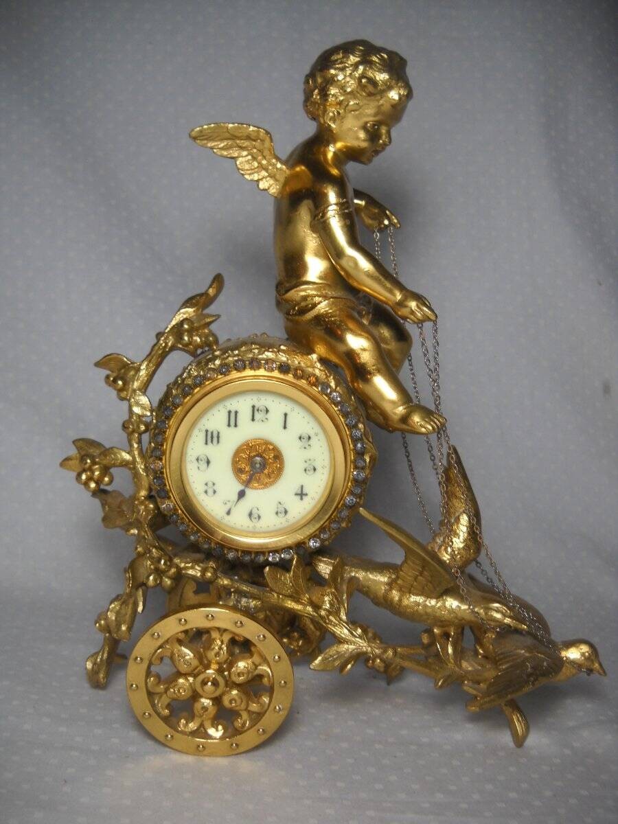 Scarce New Haven Chariot Model Figural Cherub Desk Clock Ca 1905 See Description Scarce New Haven Chariot Model Figural Cherub Desk Clock Ca 1905 See Description