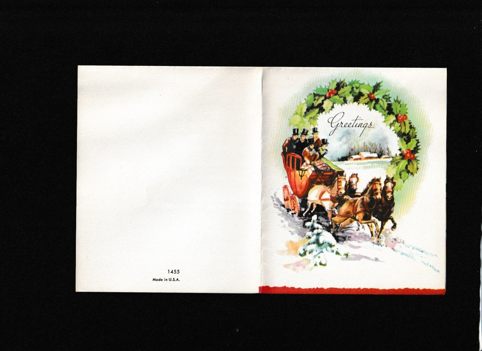 Vtg 1950's Christmas Card Horse Drawn Carriage Farm Scene Frame Holly Unsigned Vtg 1950's Christmas Card Horse Drawn Carriage Farm Scene Frame Holly Unsigned