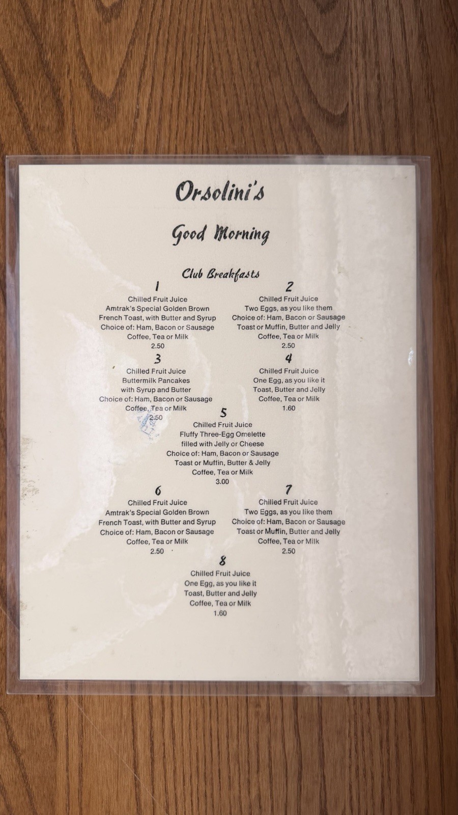 Rare MYSTERY MENU  Laminated ORSOLINI’S Breakfast Menu.