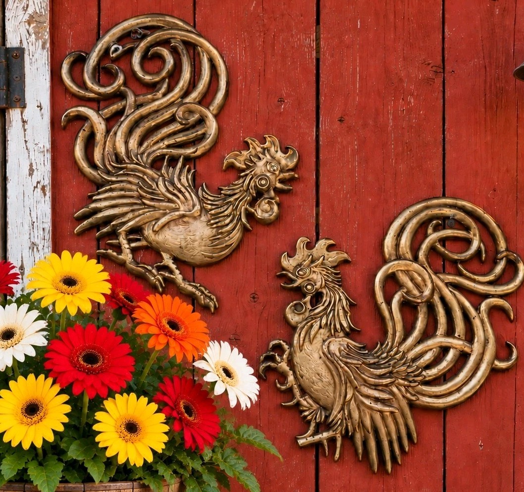 Pair of Vintage Mid Century Vermay Gold Wood Roosters Wall Decor Regency