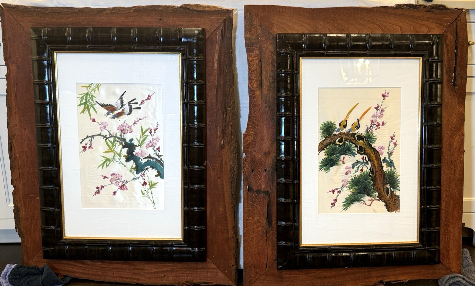 Vintage Pair Large Chinese Silk Paintings Bird & Blossom Custom Live Edge Frames Vintage Pair Large Chinese Silk Paintings Bird & Blossom Custom Live Edge Frames