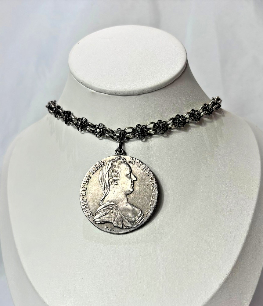 Antique Austrian Maria Theresa Thaler Sterling Silver Coin Necklace 55.73 Grams Antique Austrian Maria Theresa Thaler Sterling Silver Coin Necklace 55.73 Grams