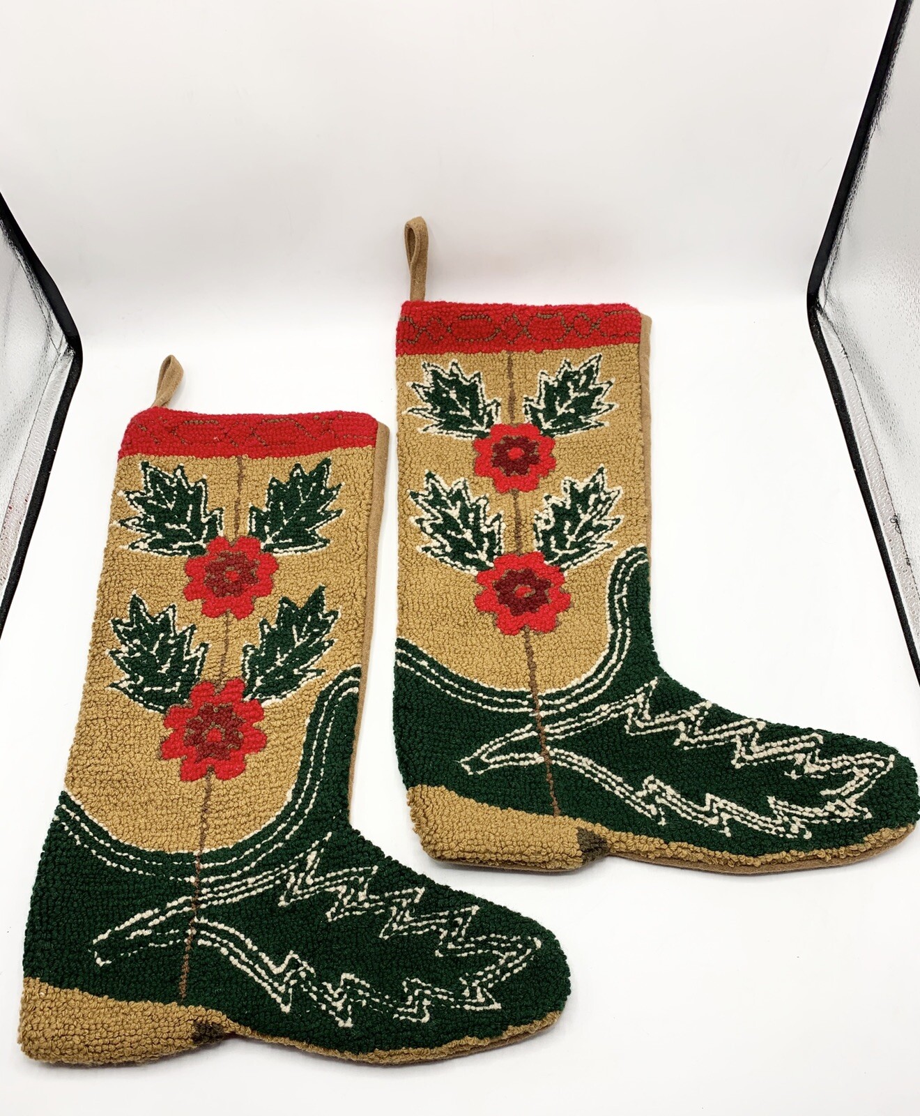 Vtg Christmas Stocking Boot Shape 18 X 12 X 8 Poinsetta Design Brown Green Red