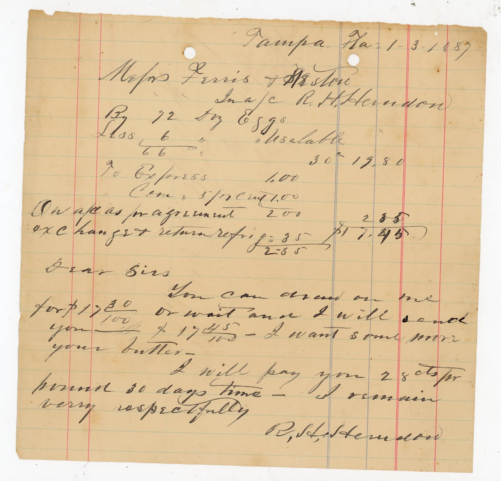 1889 Tampa Florida Handwritten Letter – Egg Shipment, Butter Order, R.H. Herndon