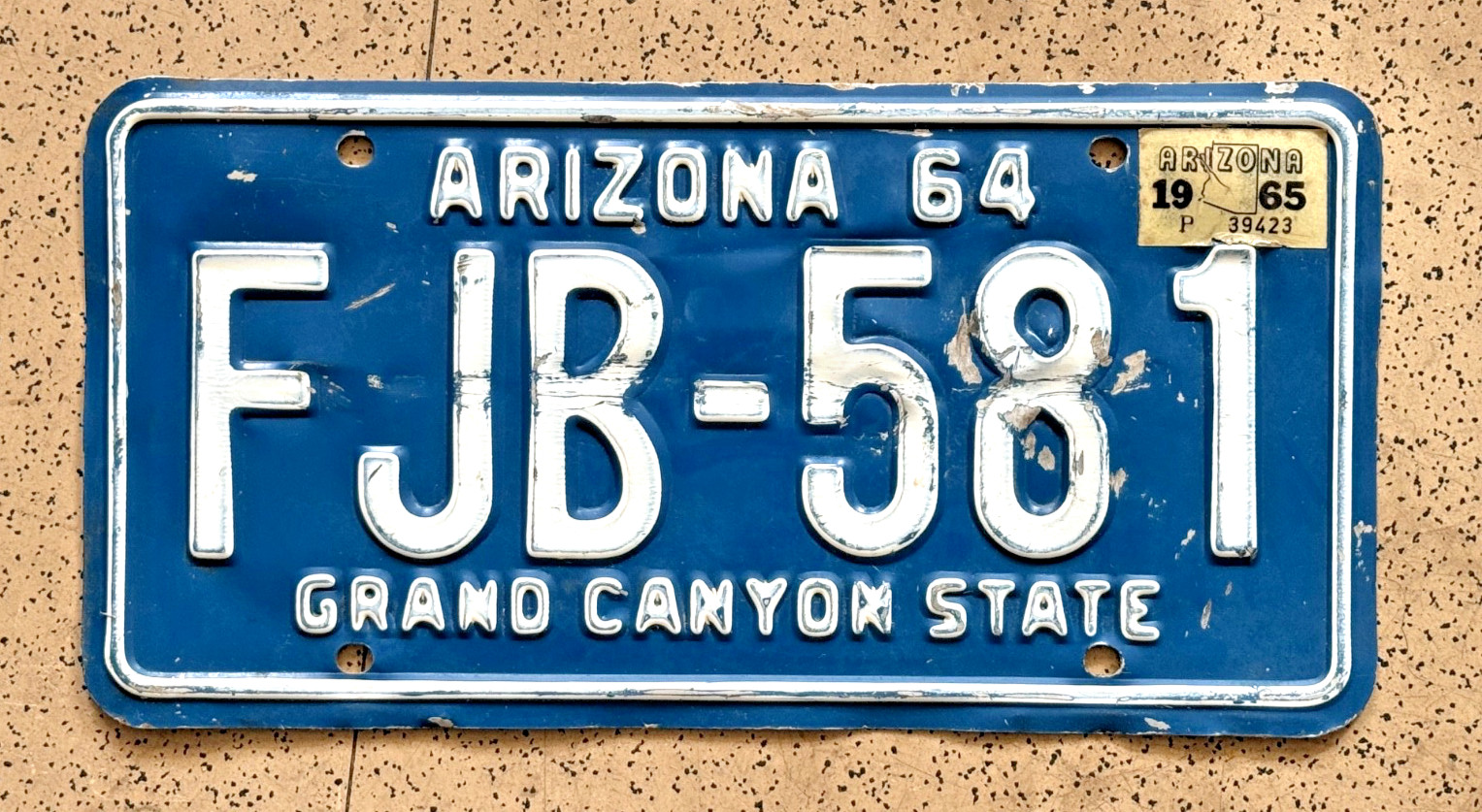 1965/1964 ARIZONA license plate — OVERFLOW — ORIGINAL vintage antique car tag 1965/1964 ARIZONA license plate — OVERFLOW — ORIGINAL vintage antique car tag