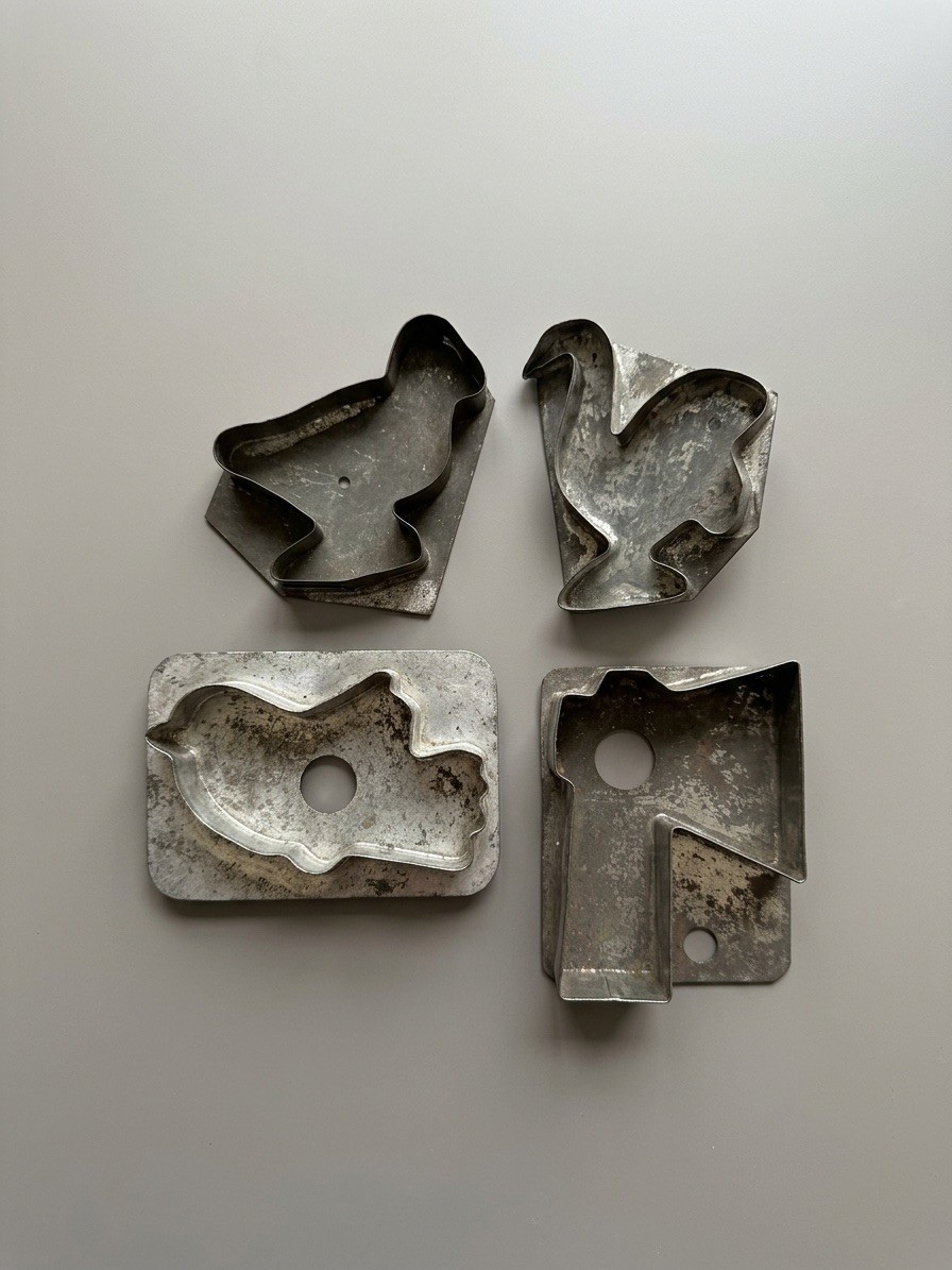 Antique VIntage Primitive Flat Back Tin Cookie Cutters Lot of 4 Antique VIntage Primitive Flat Back Tin Cookie Cutters Lot of 4