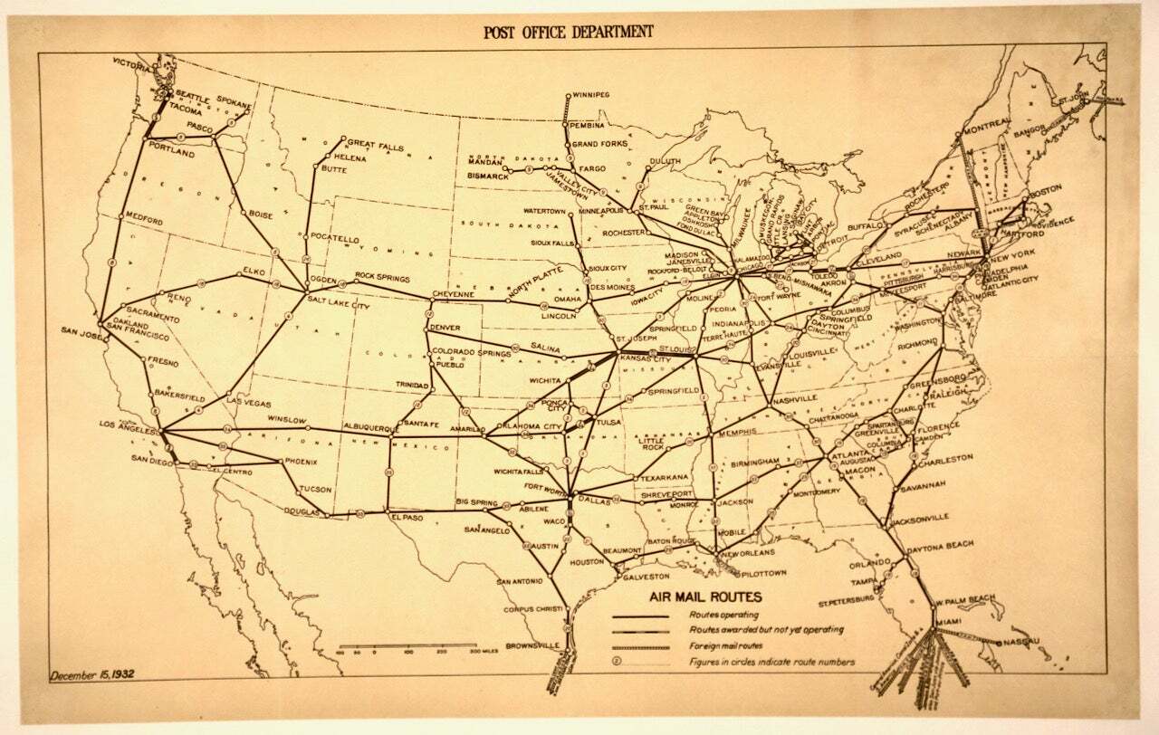 1932 ORIGINAL MAP AIR MAIL ROUTES U.S POST OFFICE / LINEN-BACKED / RARE 1932 ORIGINAL MAP AIR MAIL ROUTES U.S POST OFFICE / LINEN-BACKED / RARE