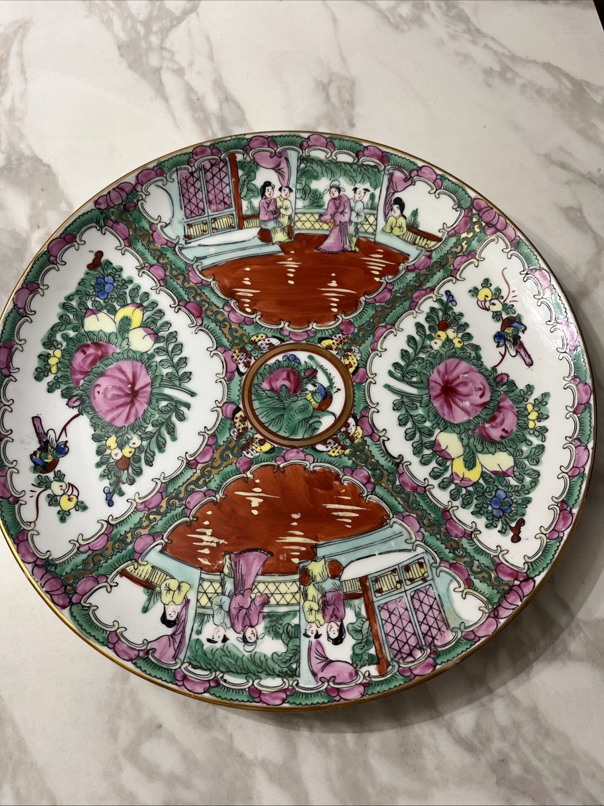 Vintage Hand Painted Rose Famille Porcelain Plate Hong Kong 12.5” Vintage Hand Painted Rose Famille Porcelain Plate Hong Kong 12.5”