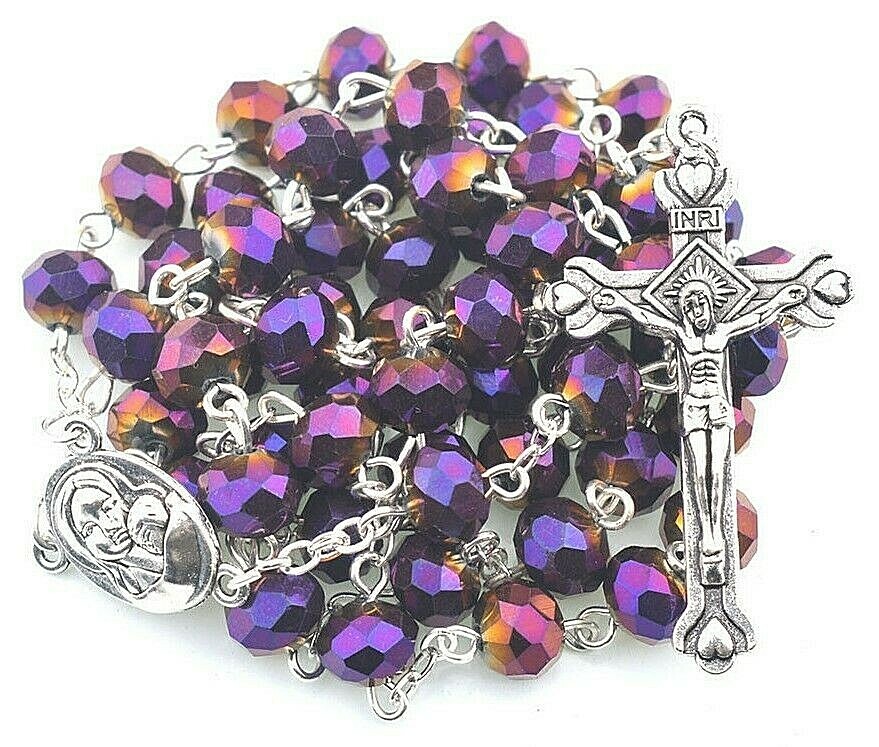 Deep Purple Crystal Beads Rosary Necklace Catholic Cross Crucifix Holy Soil Deep Purple Crystal Beads Rosary Necklace Catholic Cross Crucifix Holy Soil