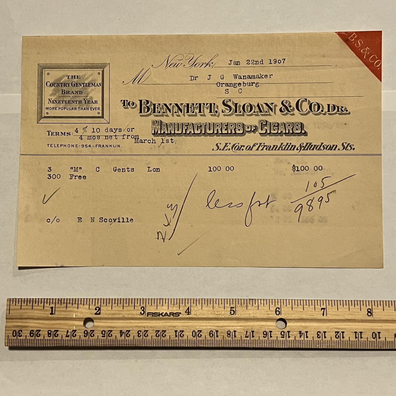 1907 BS & CO. BENNETT SLOAN MANUFACTURERS OF CIGARS SC, RECEIPT FOR GENTS 1907 BS & CO. BENNETT SLOAN MANUFACTURERS OF CIGARS SC, RECEIPT FOR GENTS
