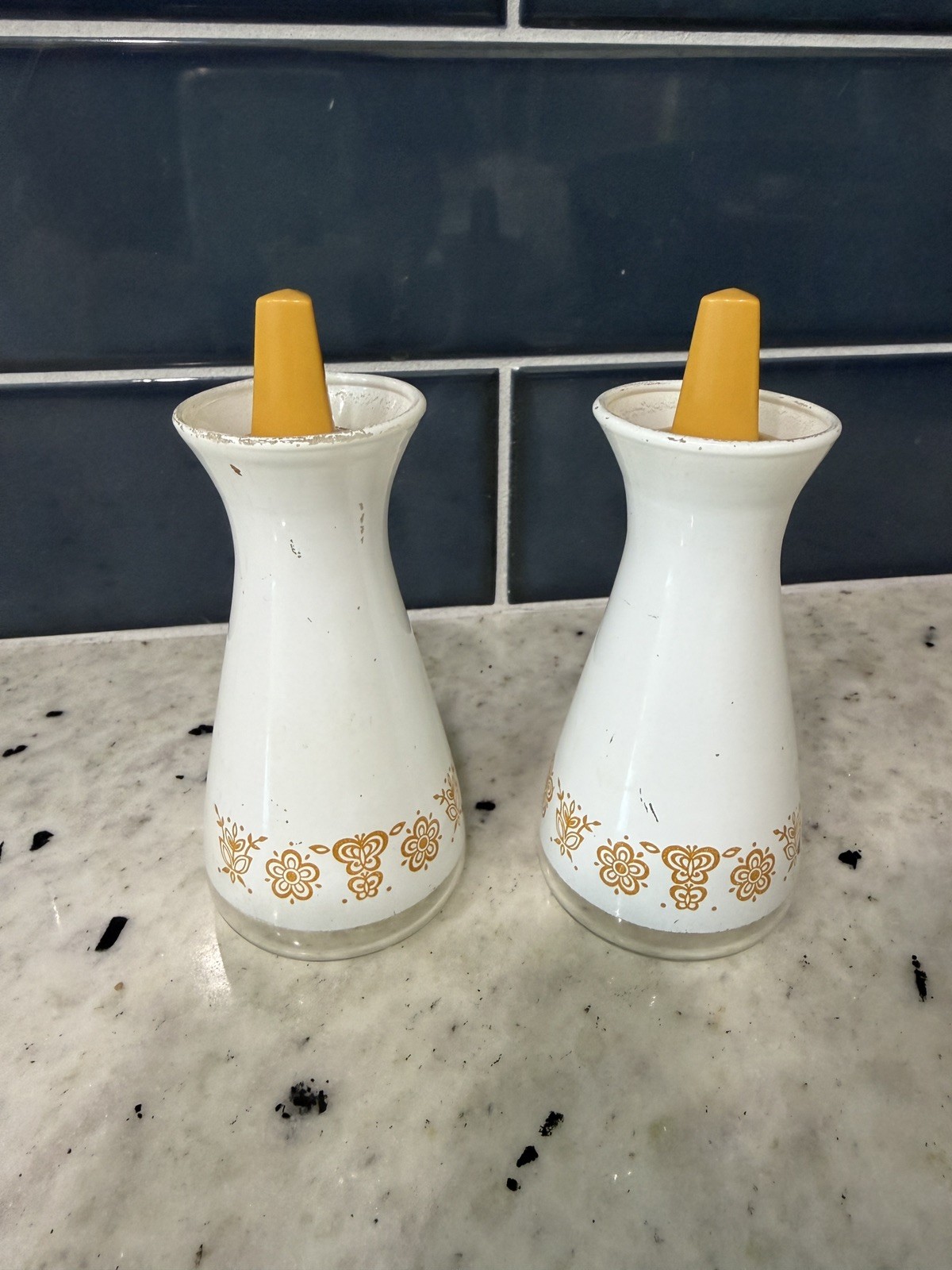 Pyrex Vintage 1970s Pyrex Butterfly Gold Salt & Pepper Shakers, Glass Pyrex Vintage 1970s Pyrex Butterfly Gold Salt & Pepper Shakers, Glass