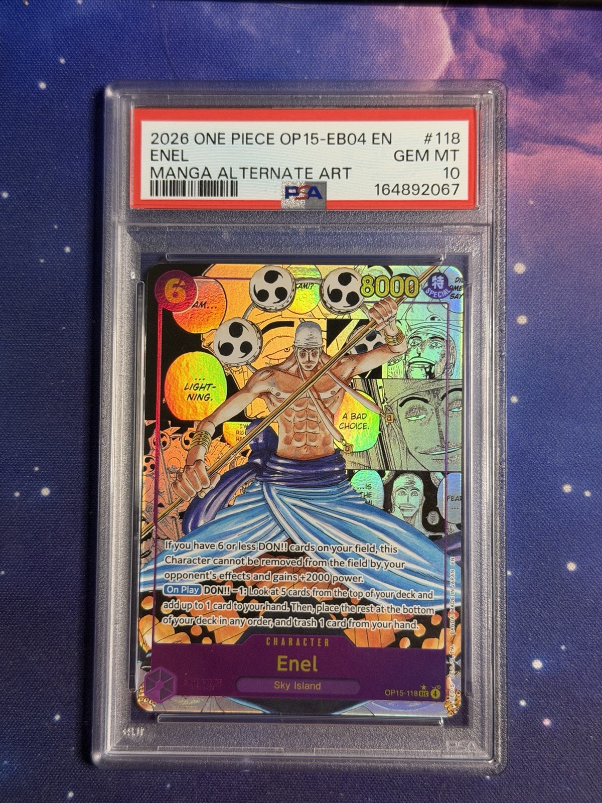 2026 ONE PIECE OP15 EB04 #118 ADVENTURE ON KAMI'S ISLAND ENEL MANGA PSA GM MT 10