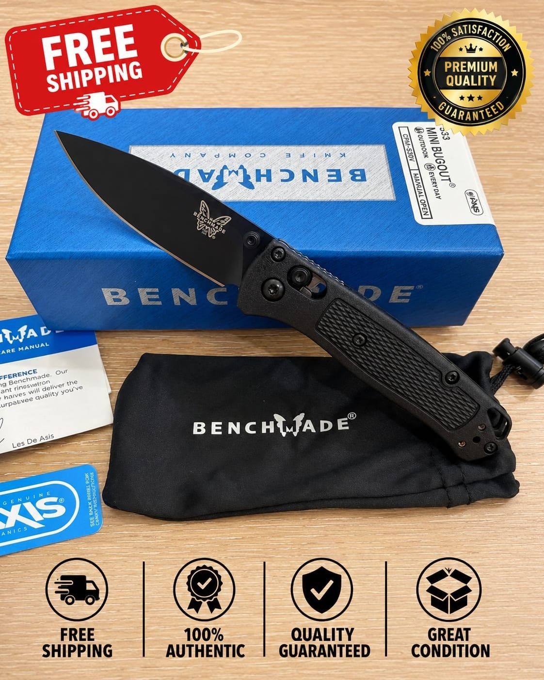 Benchmade 533 Mini Bugout Black Grivory Handle Folding Knife USA Benchmade 533 Mini Bugout Black Grivory Handle Folding Knife USA