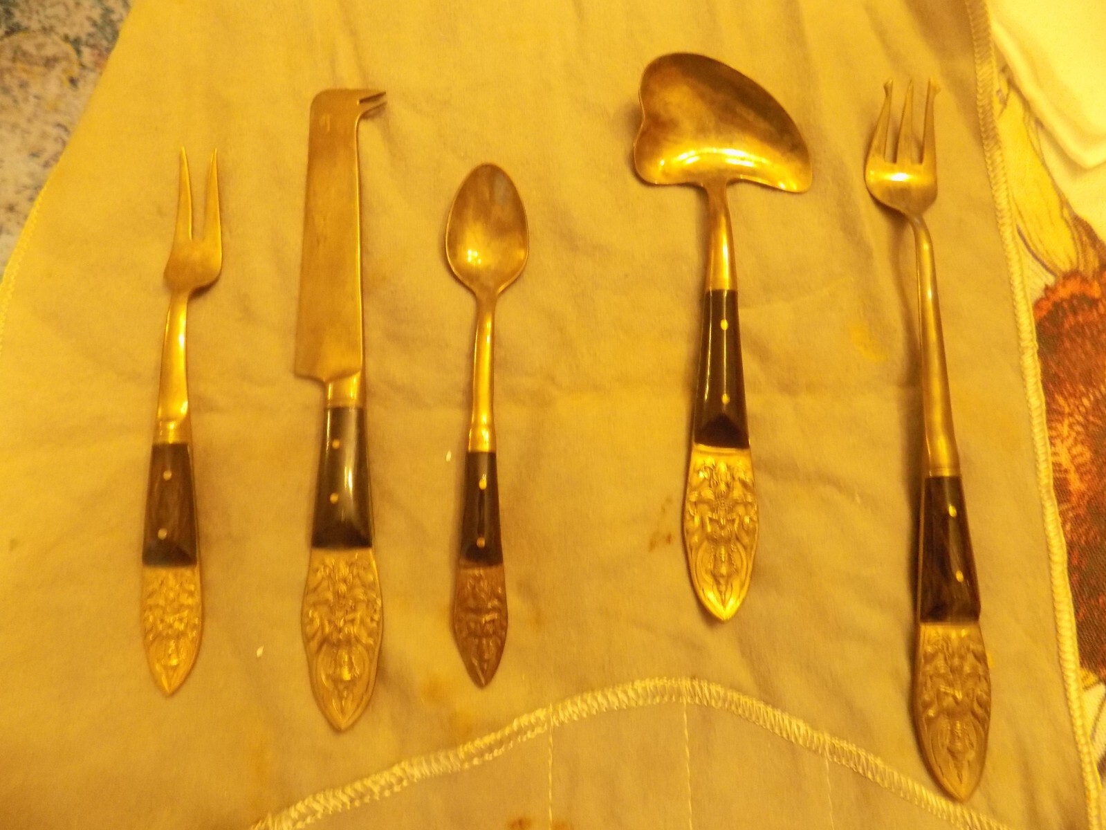 Vintage Siam Tailand 5 piece condiment, snack set of brass & teak wood handles Vintage Siam Tailand 5 piece condiment, snack set of brass & teak wood handles