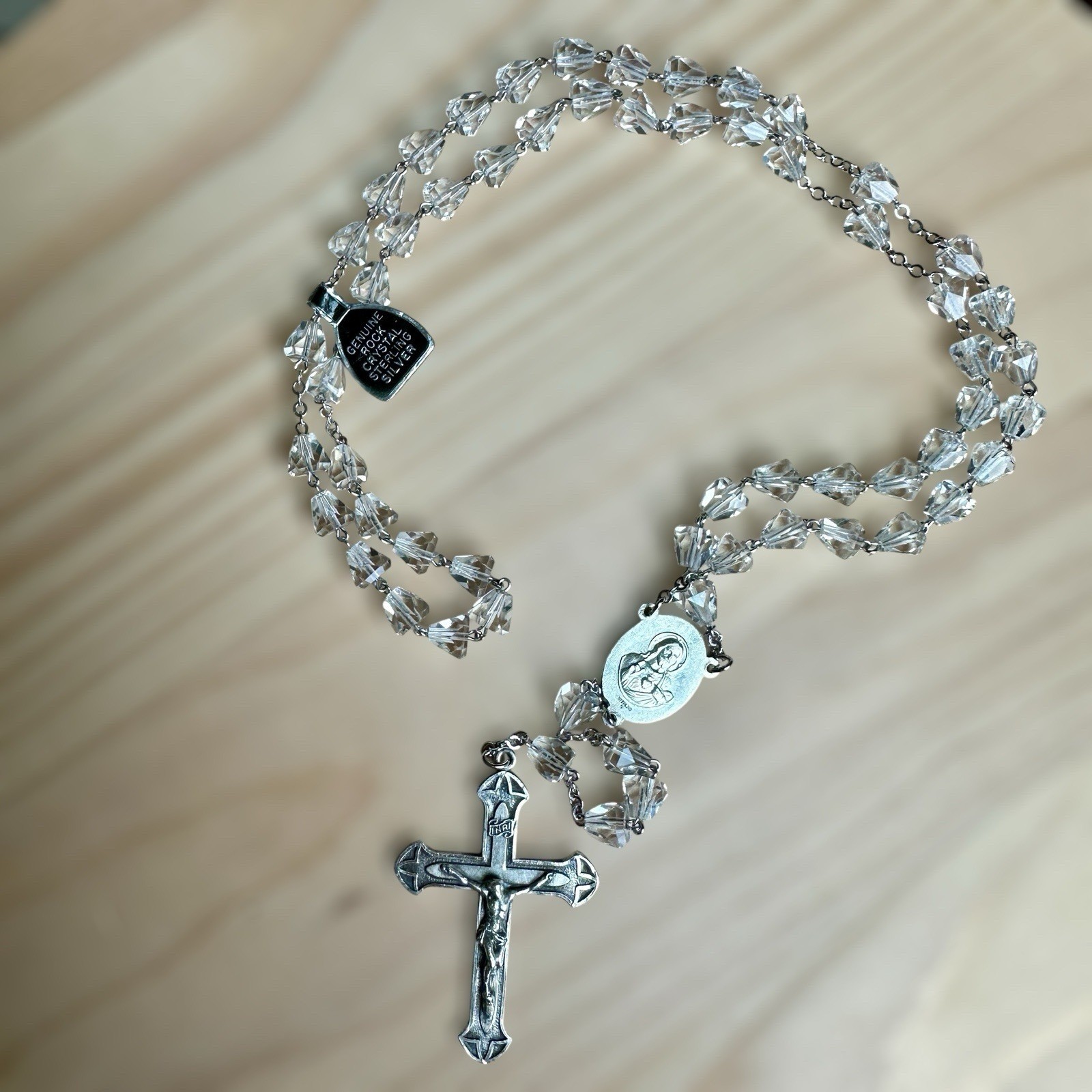 VTG Necklace 28 Inch Rosary Sacred Heart Cross Quartz Crystal Sterling 48.2g VTG Necklace 28 Inch Rosary Sacred Heart Cross Quartz Crystal Sterling 48.2g