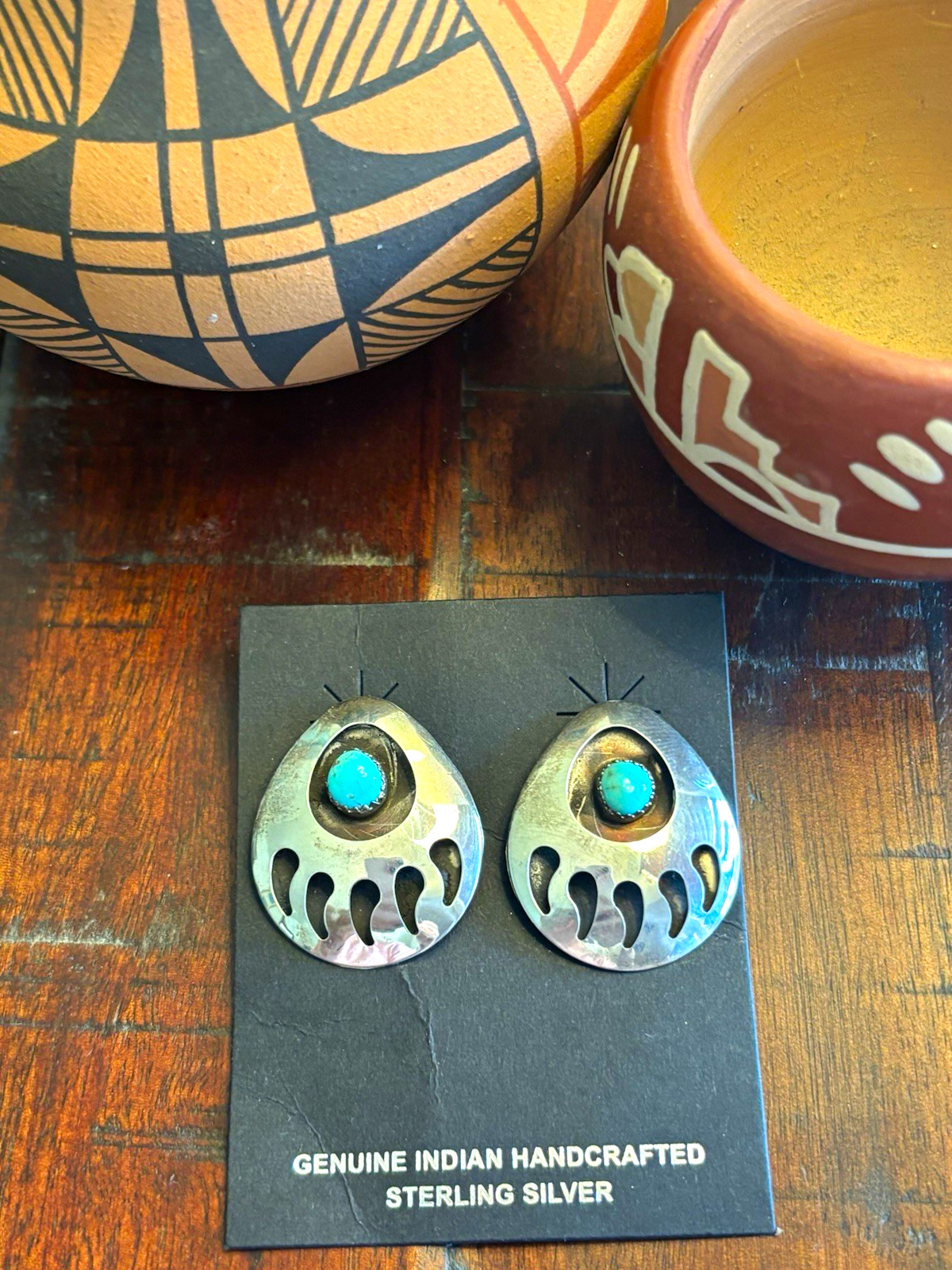 Vintage Navajo Native American Sterling Turquoise Bear Paw Shadowbox Earrings