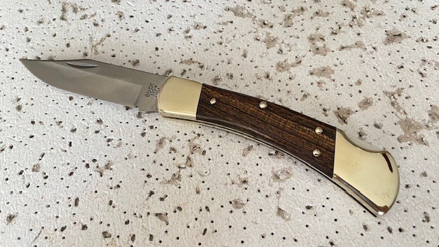 Buck 110USA Plain Blade Hunting Pocket Knife Lockback Ebony Wood Handle - - - - Buck 110USA Plain Blade Hunting Pocket Knife Lockback Ebony Wood Handle - - - -