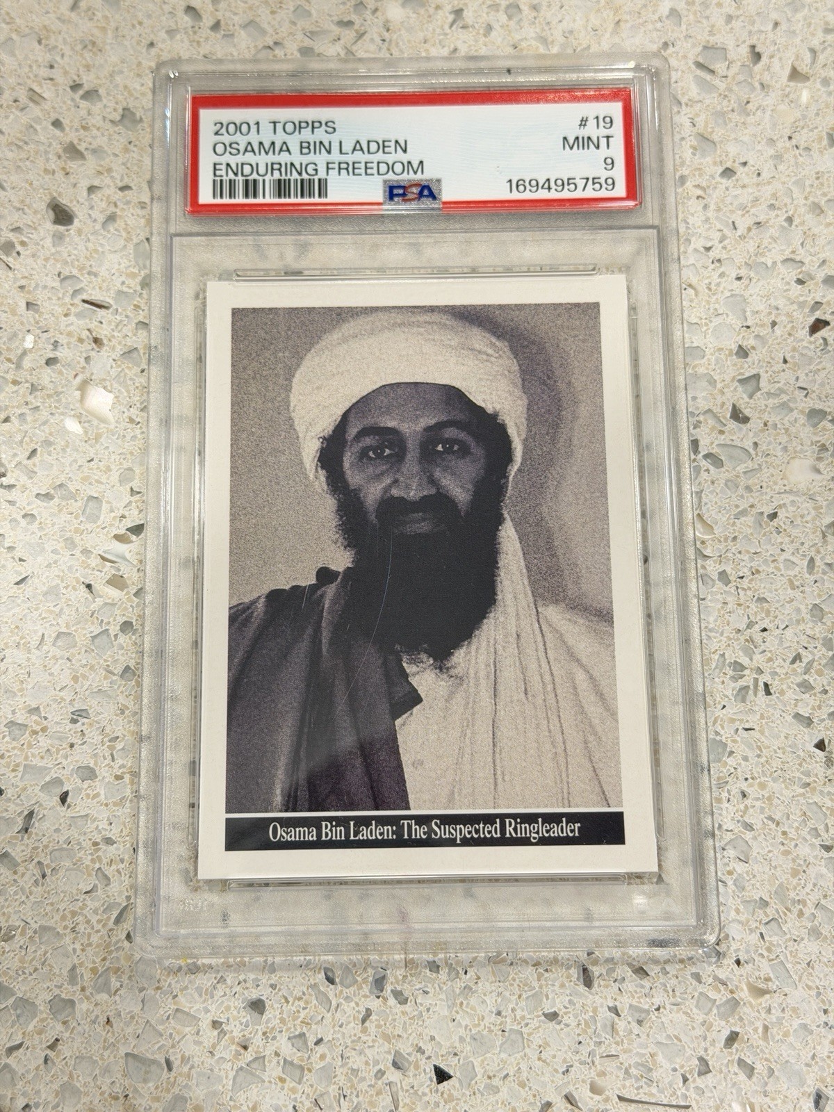 2001 Topps Enduring Freedom #19 Osama Bin Laden Rookie Card PSA 9 2001 Topps Enduring Freedom #19 Osama Bin Laden Rookie Card PSA 9