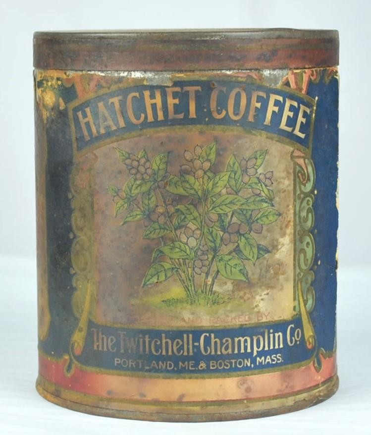 RARE HATCHET HIGH GRADE COFFEE TIN CAN 1LB. - THE TWITCHELL CHAMPLIN CO c1920's