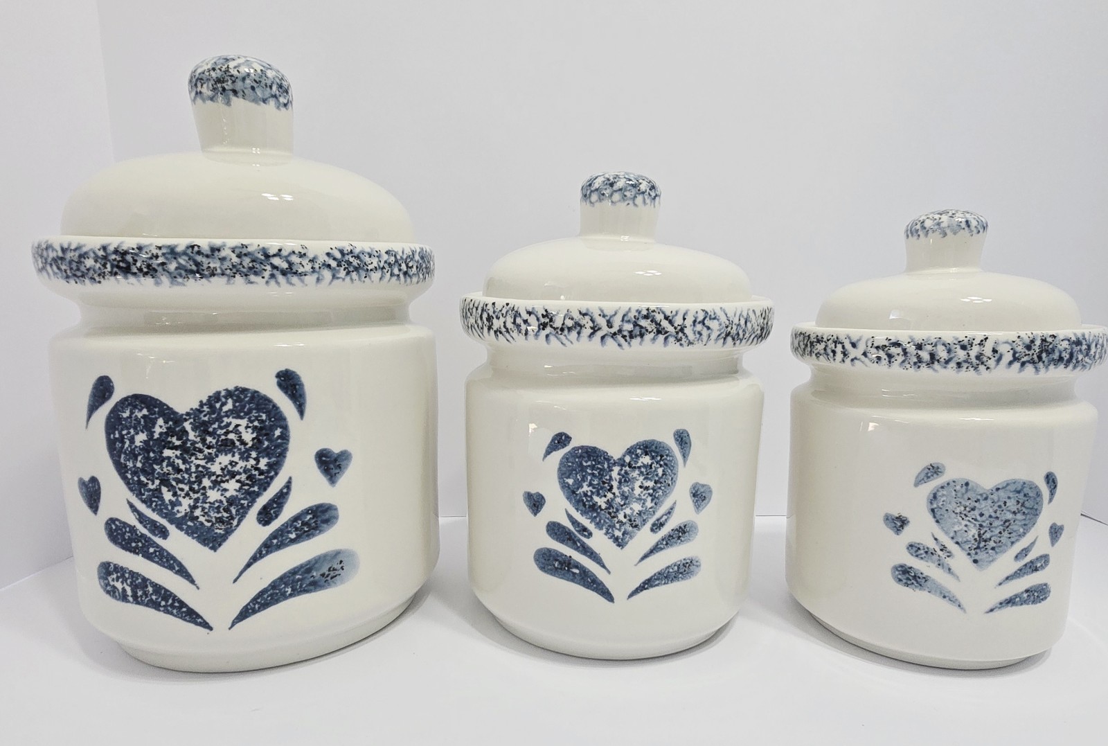 Gibson My Heart Set of 3 Blue Sponge Stoneware China Canister Set w/Rubber Seals