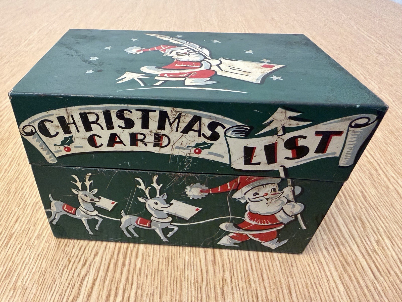 Vtg 50’s Christmas Card List Recipe File Box - Stylecraft - Santa Reindeer
