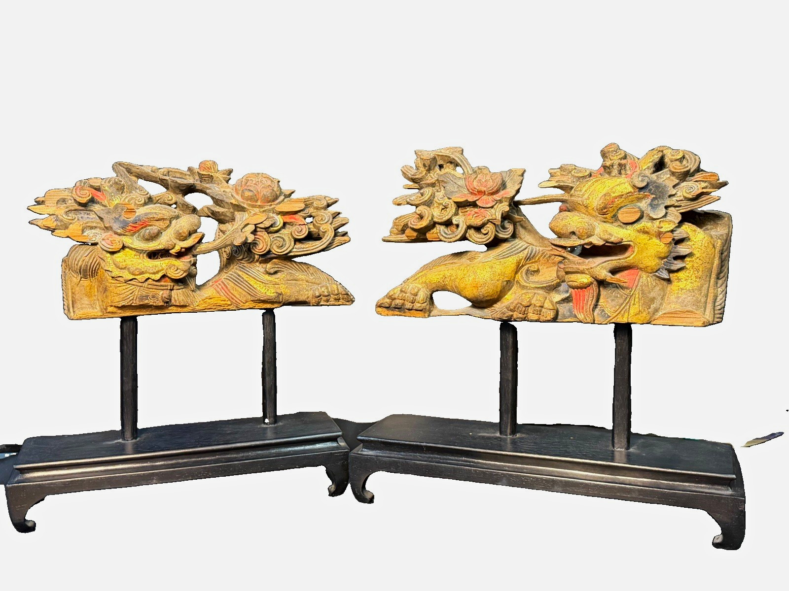 Pair Antique 19th Century Chinese Wood Carving Guardian Lions Foo Dogs W/ Stands Pair Antique 19th Century Chinese Wood Carving Guardian Lions Foo Dogs W/ Stands