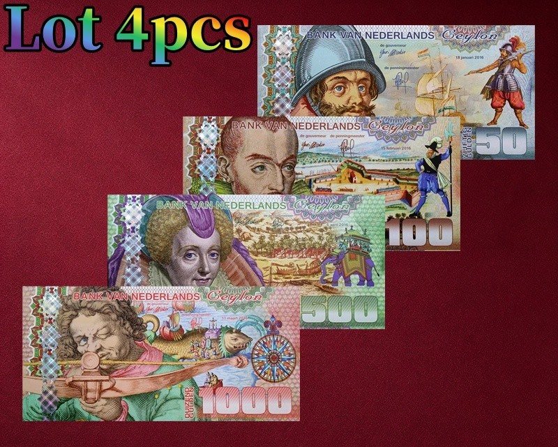 Lot 4pcs Nederlands Ceylon 50 100 500 1000 Fantasy Polymer Banknote 2016 Lot 4pcs Nederlands Ceylon 50 100 500 1000 Fantasy Polymer Banknote 2016