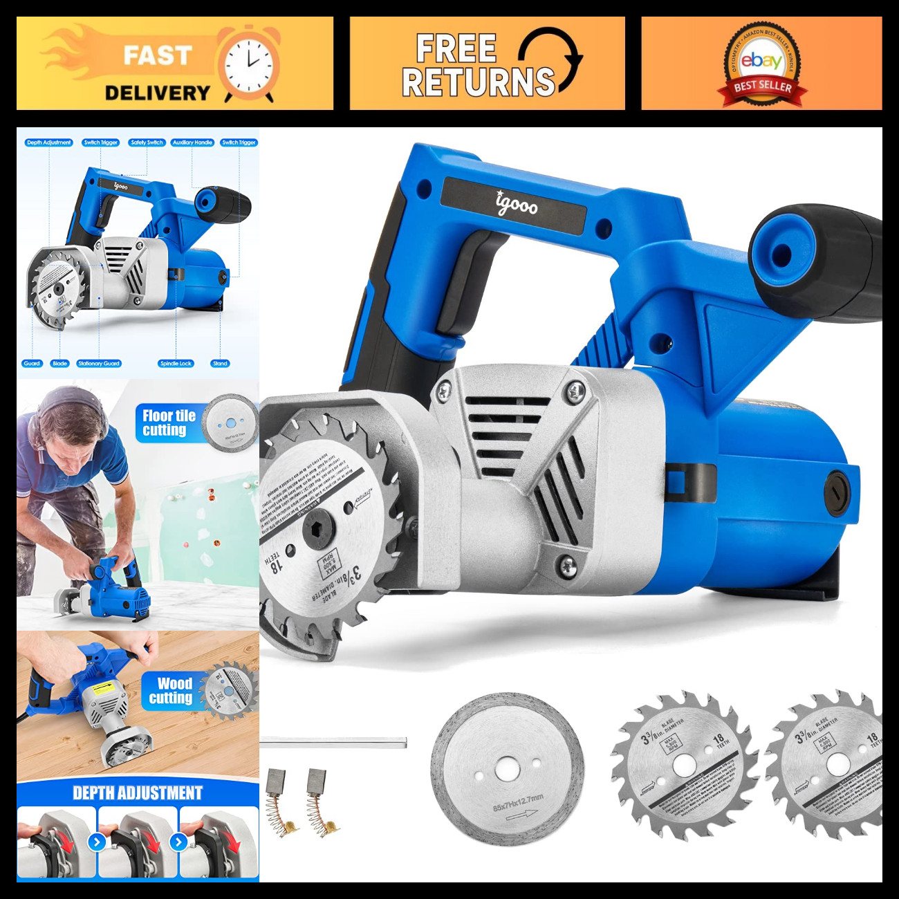 Toe Kick Saw, 3-3/8" Blades, 2 Alloy for Wood, 1 Diamond for Tile, Flush Cut Cir