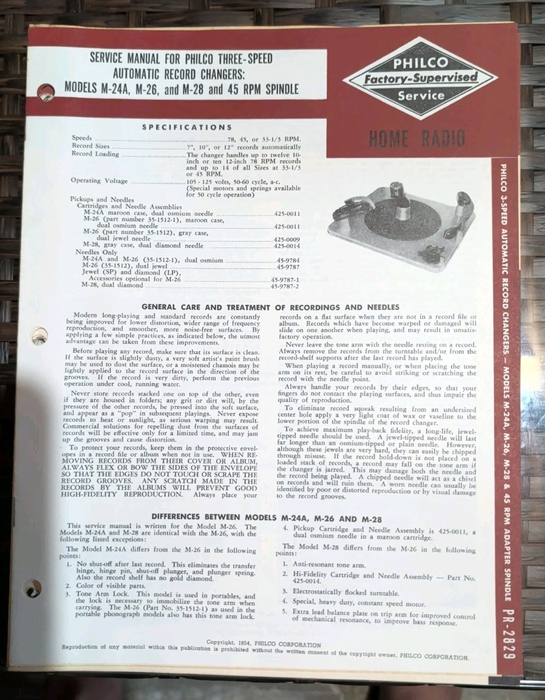Philco Vintage 1954 Automatic Record Changer M-24 26 Data Sheet Service Manual Philco Vintage 1954 Automatic Record Changer M-24 26 Data Sheet Service Manual