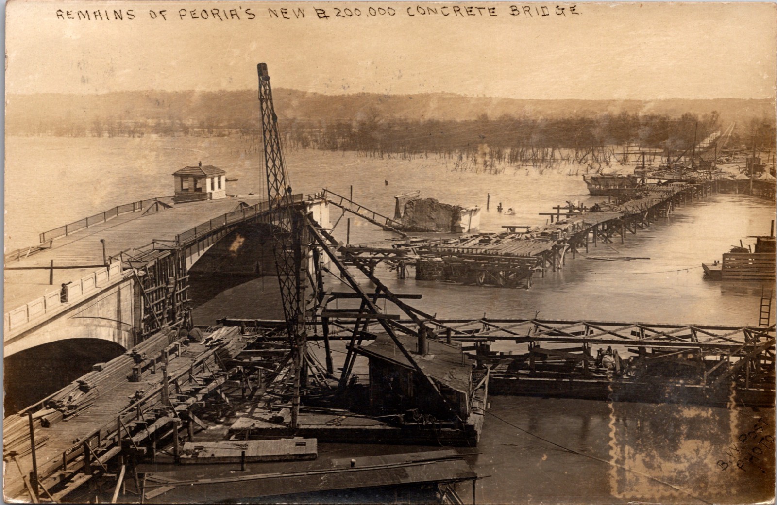 Peoria Illinois RPPC Concrete Bridge Flood Damage 1909 Real Photo B.W. Bye