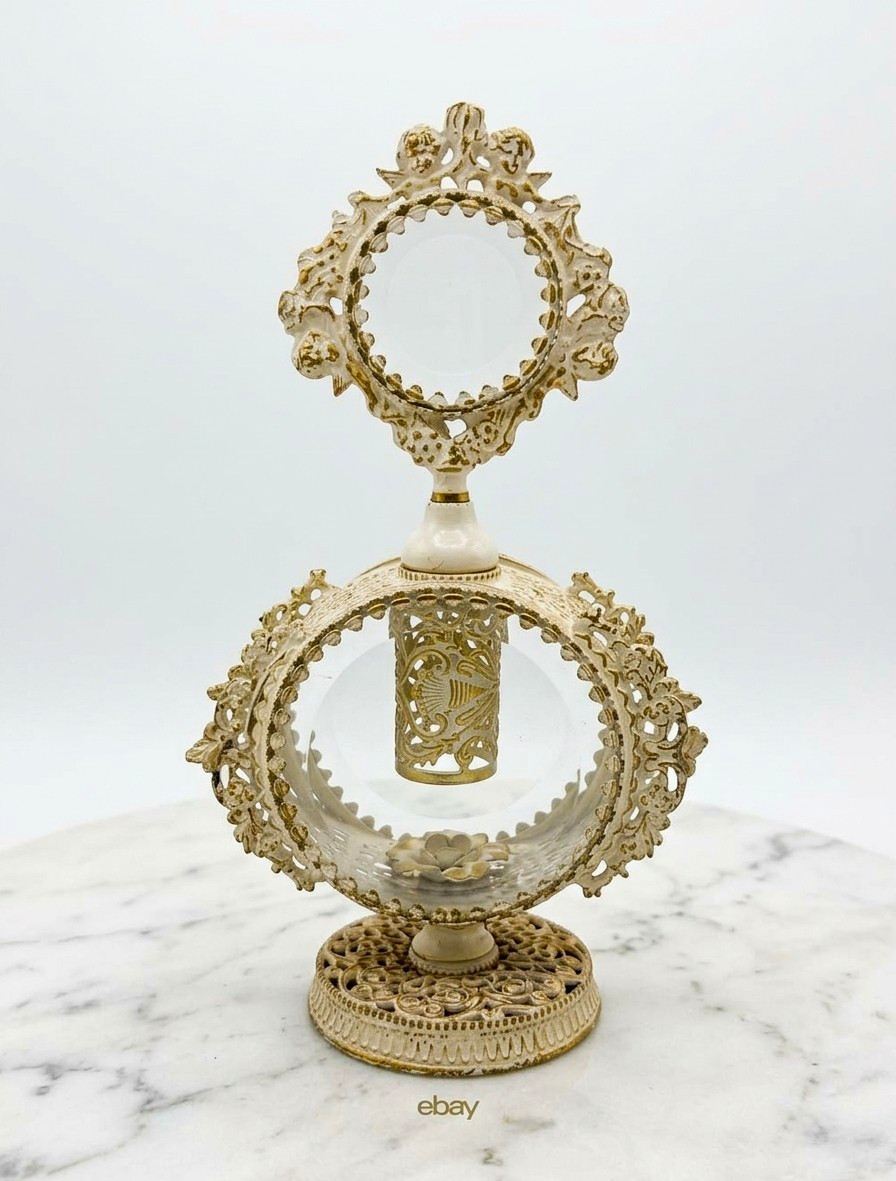 Vintage Hollywood Regency Ormolu Filigree Perfume Bottle Set Glass Dauber