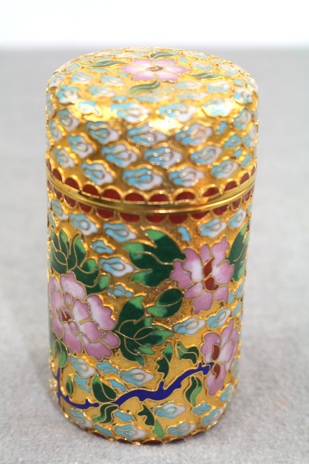 Vtg Chinese Cloisine Gold Multicolored Floral Enamel Matchstick Holder 4" Tall