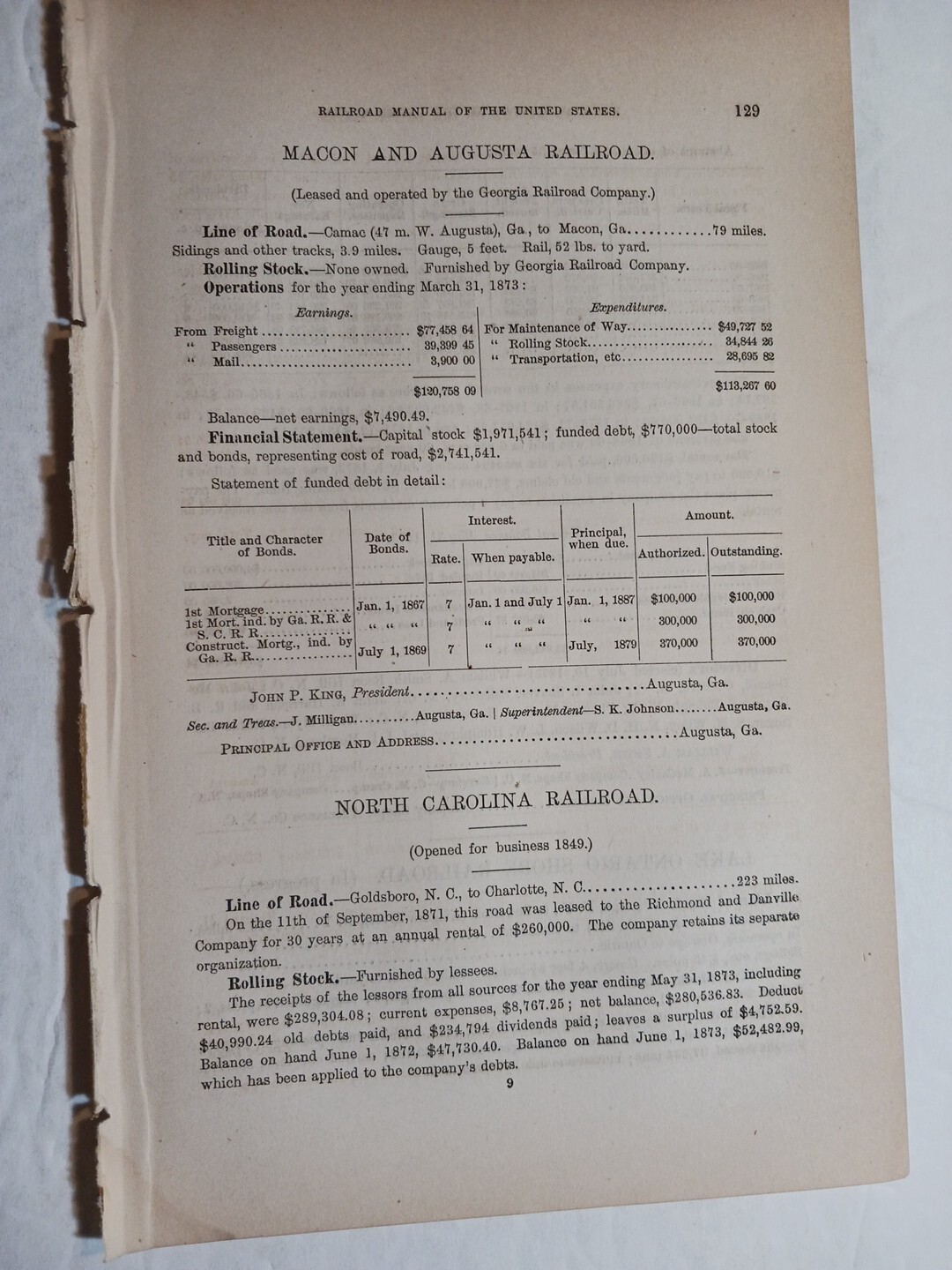 1875 Train Report MACON & AUGUSTA RAILROAD Camak Georgia John P King 1875 Train Report MACON & AUGUSTA RAILROAD Camak Georgia John P King