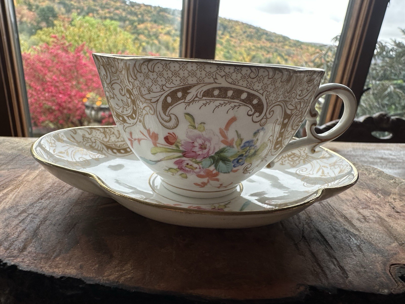 Antique French Sarreguemines Quatrefoil Cups and Saucers Gold Filigree Flowers