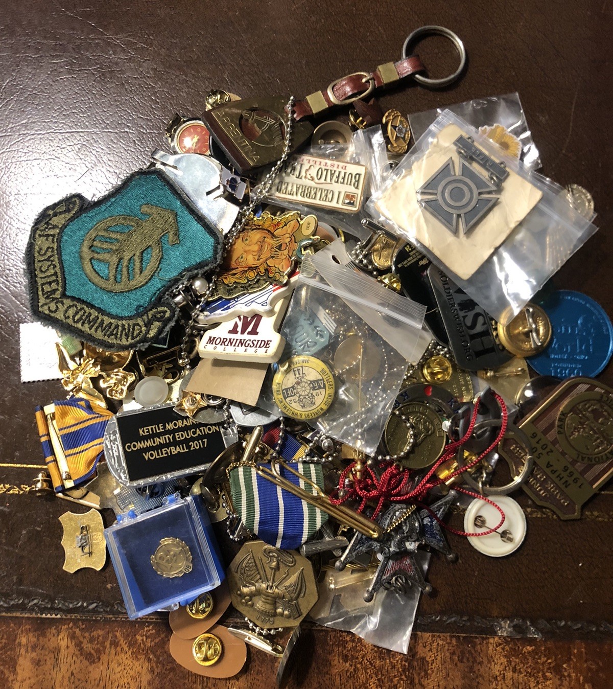 1.3/4 Lbs Junk Drawer Lot Military Political Collectible Various Pins Tchotchkes