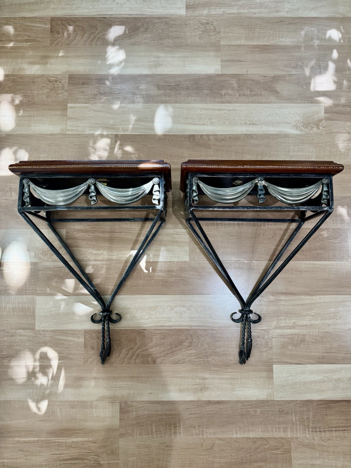 Maitland Smith Pair of Wood Wrought Iron Wall Bracket Shelves Victorian Regency