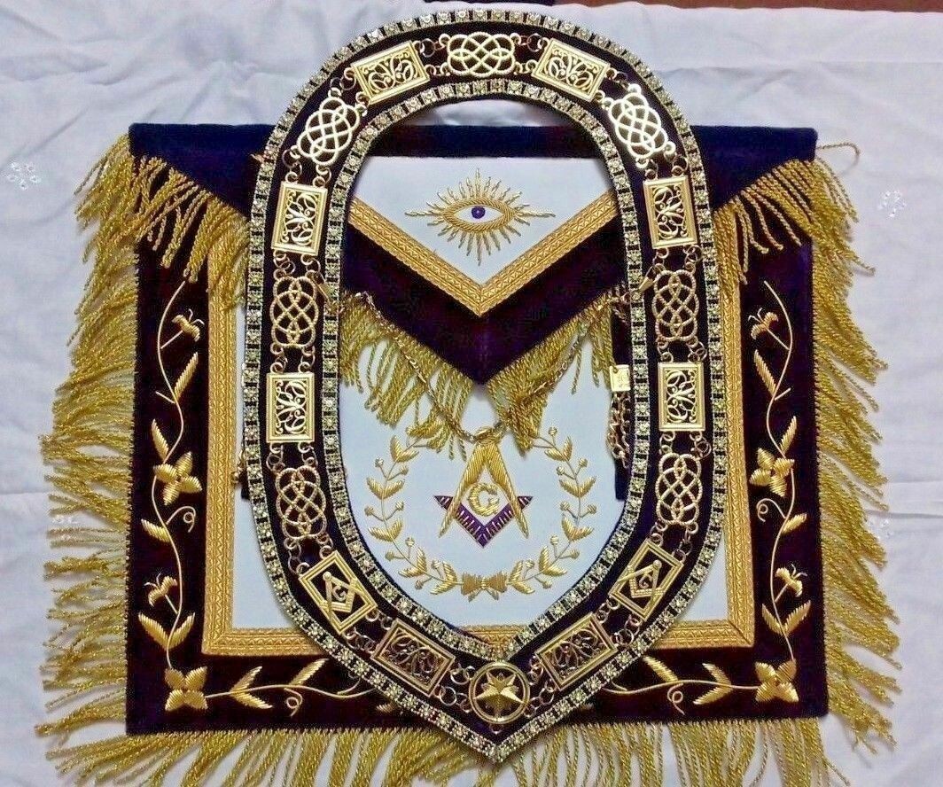 Masonic Regalia Grand Lodge Master Mason Apron Hand Embroidered Wth Chain Collar