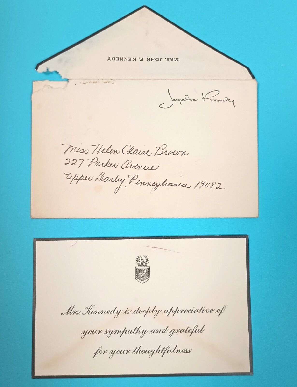 Rare Original John F Kennedy Assassination Sympathy Card from Jacqueline Kennedy