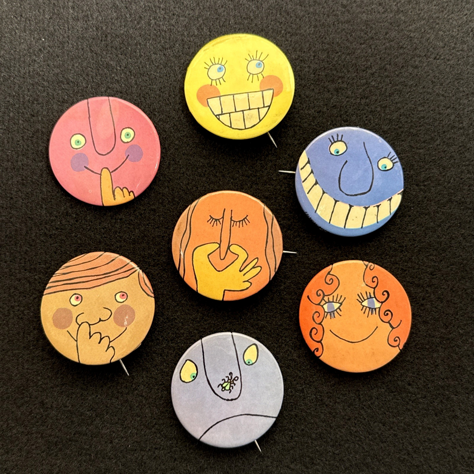 Set of 7 Vintage 1960s 1970s Pin Back Buttons Funny Faces Mid Century 1.75"