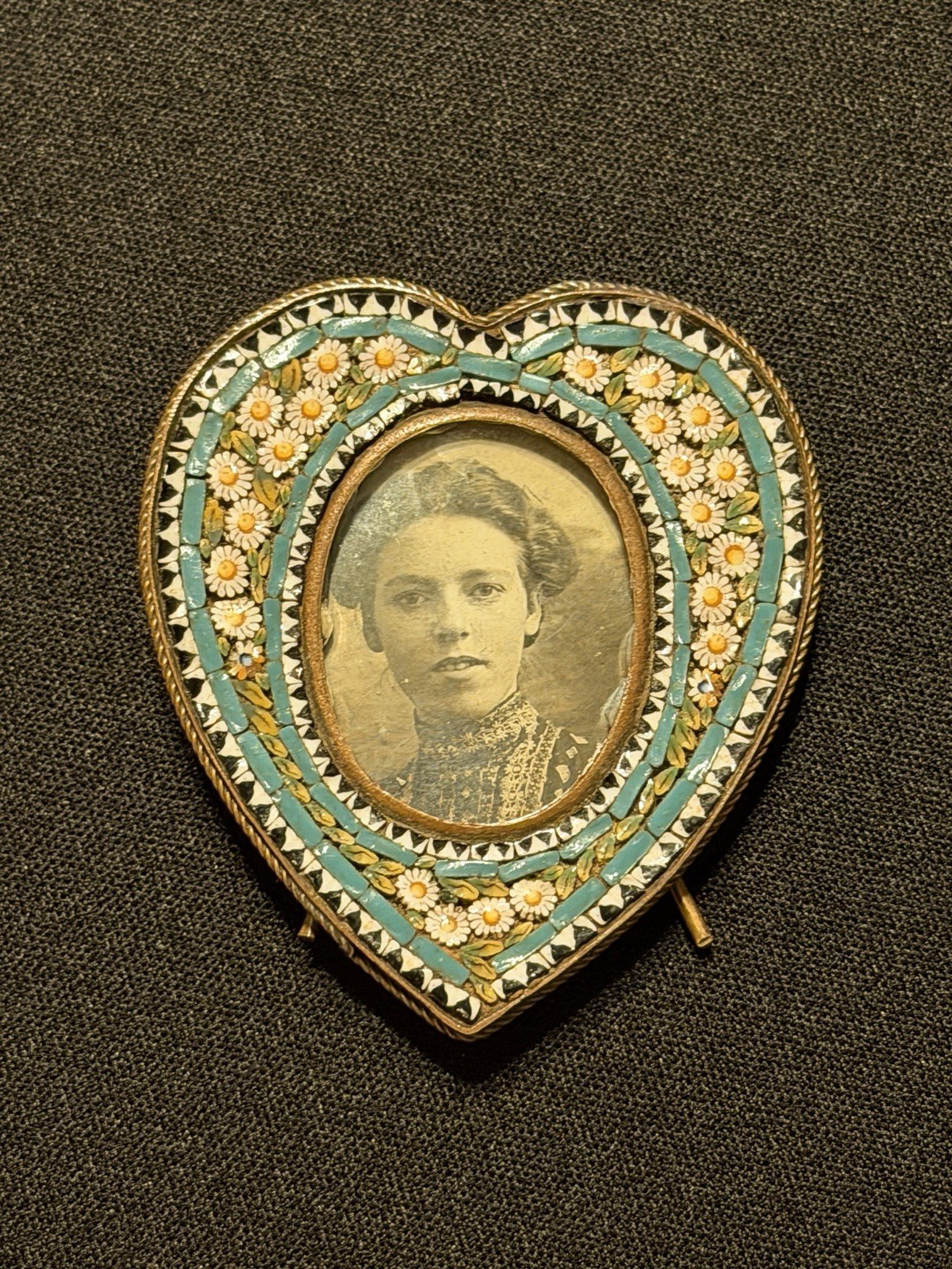 Antique Italian Micro Mosaic Heart Picture Frame Brass Floral Miniature Antique Italian Micro Mosaic Heart Picture Frame Brass Floral Miniature