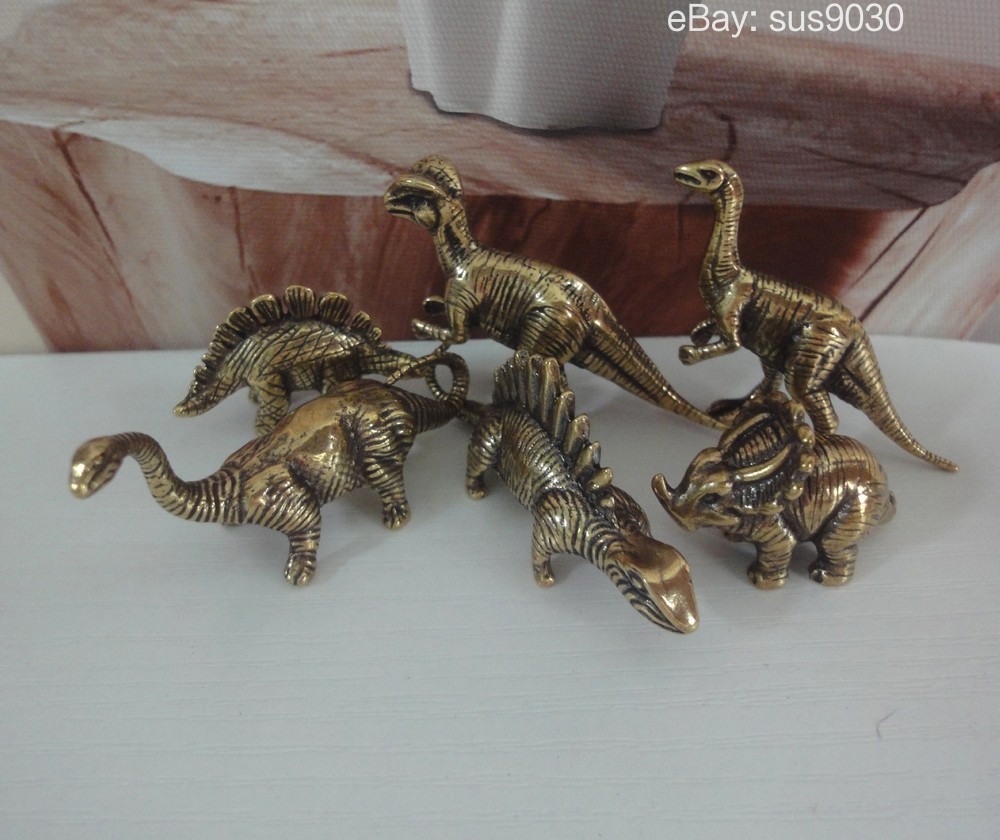 A Set of 6pcs Brass Figurines Miniature Dinosaurs Statues Sculptures & Gift Box