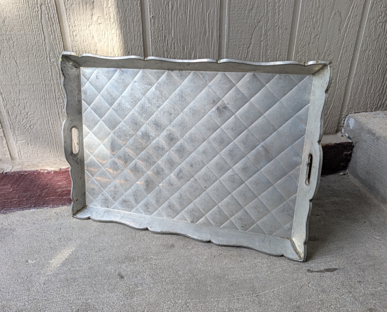 Vintage 1940s Mexican Art Deco Tin Over Wood Serving Tray Embossed Diamond 25" Vintage 1940s Mexican Art Deco Tin Over Wood Serving Tray Embossed Diamond 25"