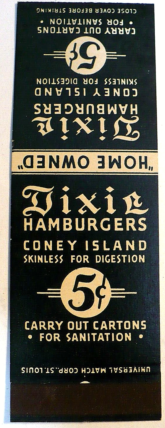 1940\'s 50\'S DIXIE 5 CENT HAMBERGERS CONEY ISLAND MATCHCOVER FLAT 20 STRIKES