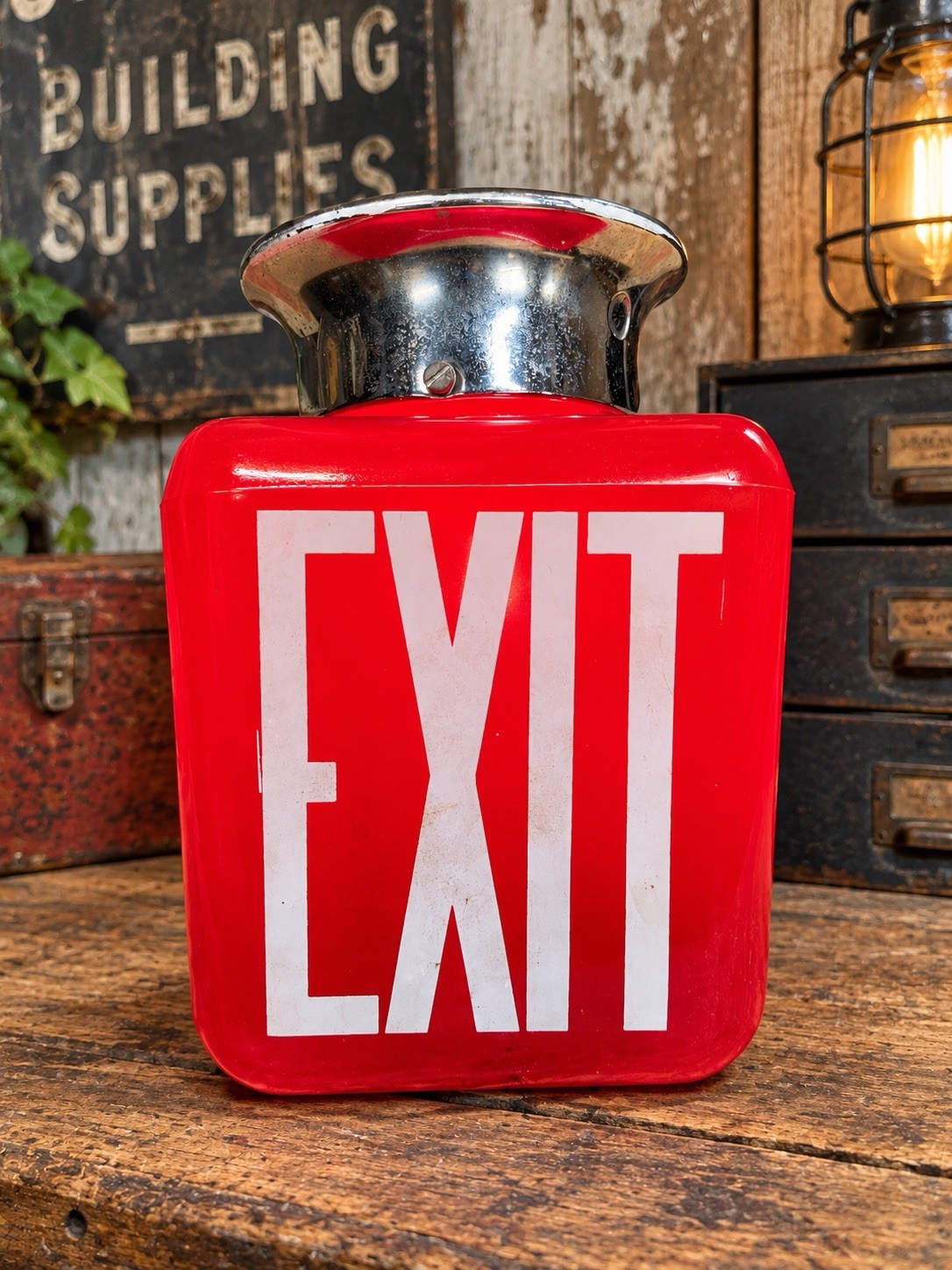 Vintage Red Glass EXIT Light Fixture Theater Commercial Sign Metal Housing B11 Vintage Red Glass EXIT Light Fixture Theater Commercial Sign Metal Housing B11
