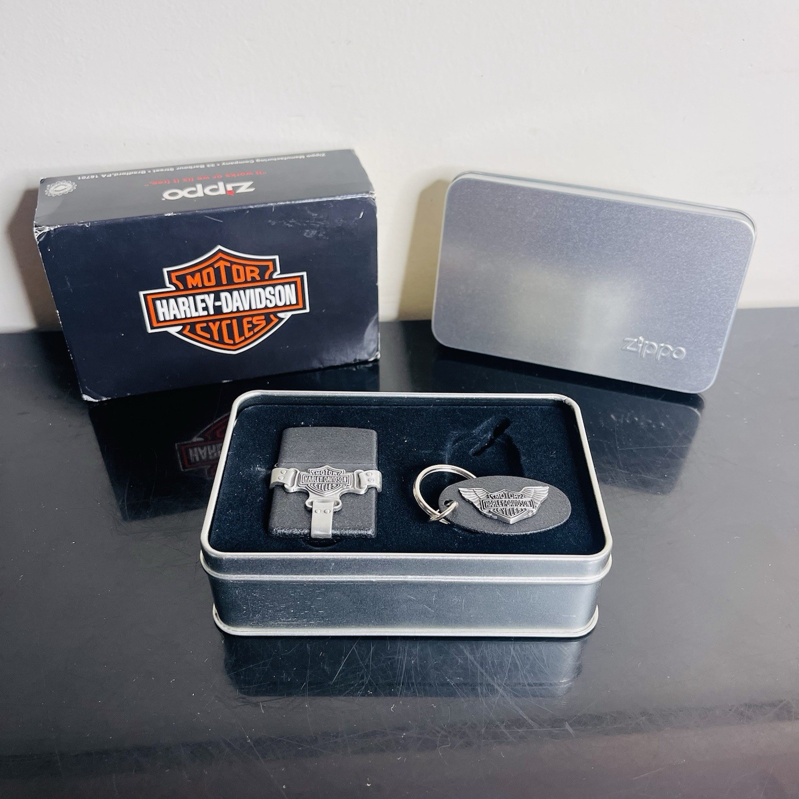 Vintage 1998 Harley-Davidson Bootstrap Zippo Lighter & Keychain never lit/new Vintage 1998 Harley-Davidson Bootstrap Zippo Lighter & Keychain never lit/new