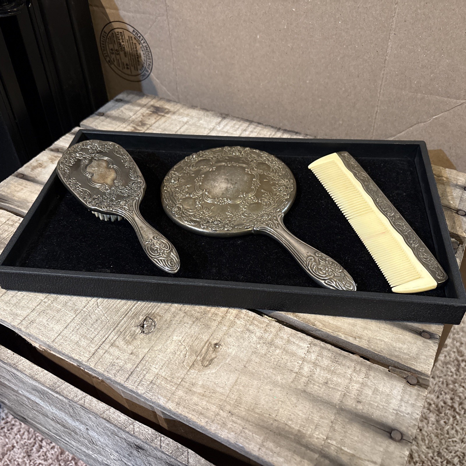 Vintage Silver Plated Vanity 3pc Set Ornate Etched Set Victorian Romantic W Tray